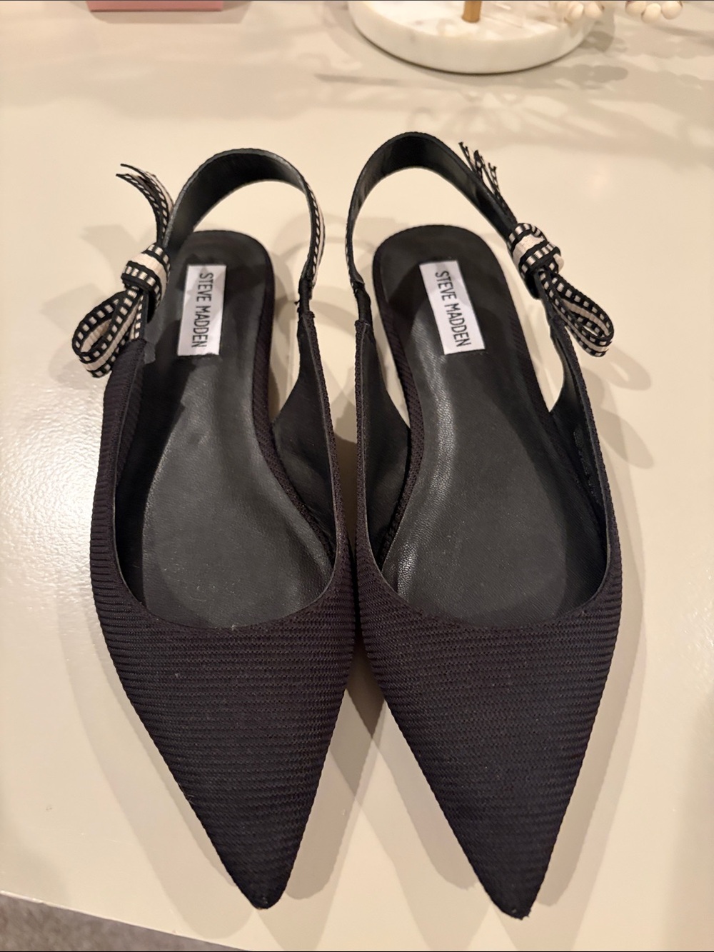 Steve Madden Black Pointed Slingback Flats with Bow Accent